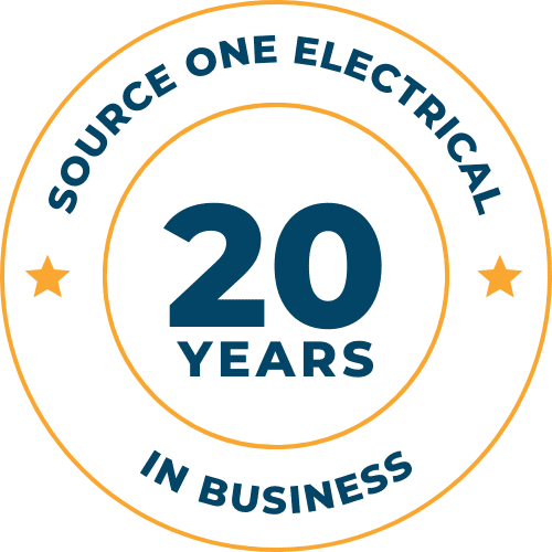 Circular badge reading "Source One Electrical, 20 Years in Business" with two stars on each side.